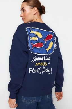 Trendyol Navy Blue Printed Oversize Crew Neck Knitted Sweatshirt