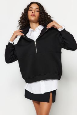 Trendyol Black Oversize/Wide Fit Half Zipper Thick Inside Fleece Knitted Sweatshirt