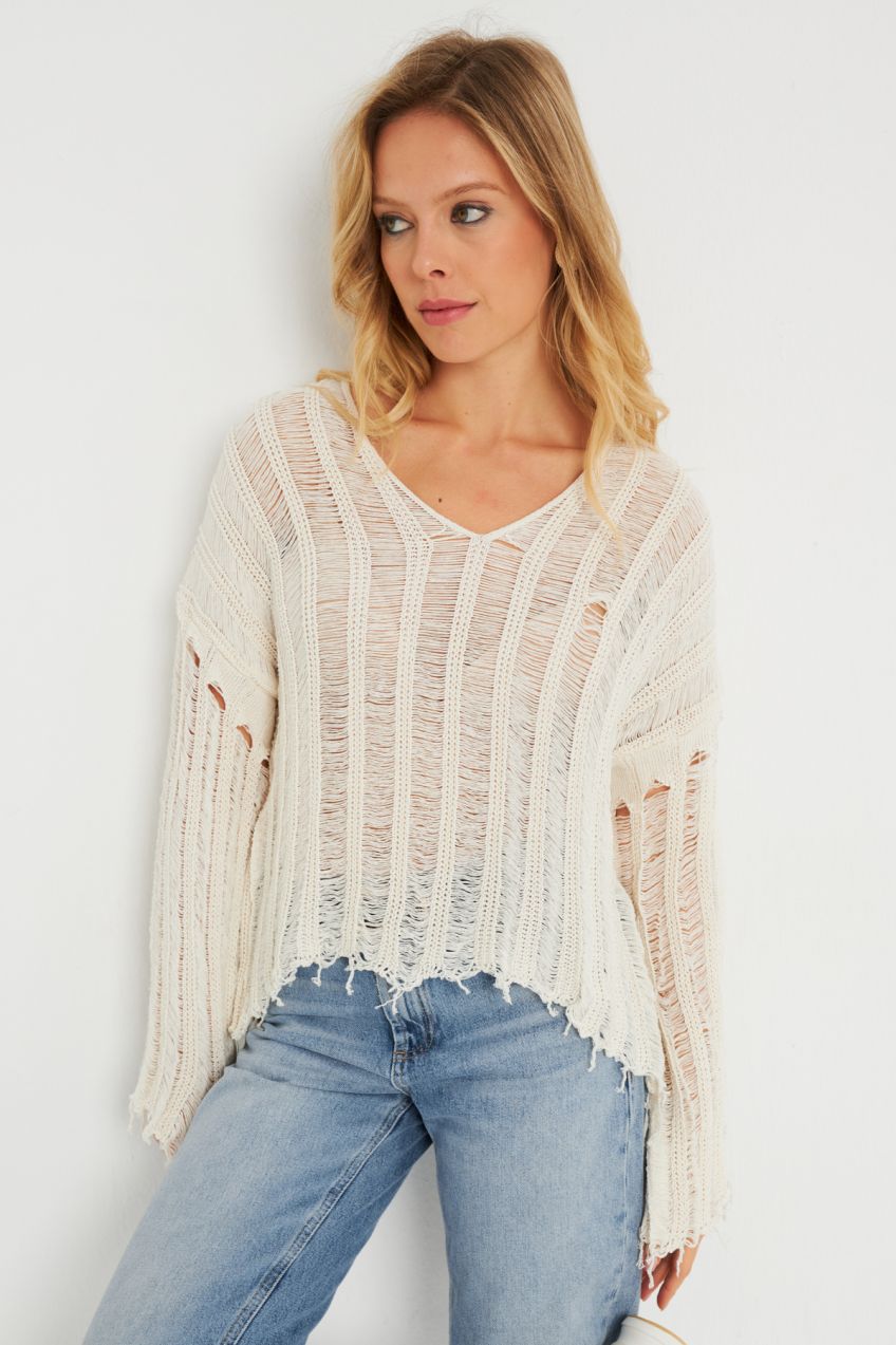 Cool & Sexy Women's Openwork Knitwear Blouse Stone YZ618