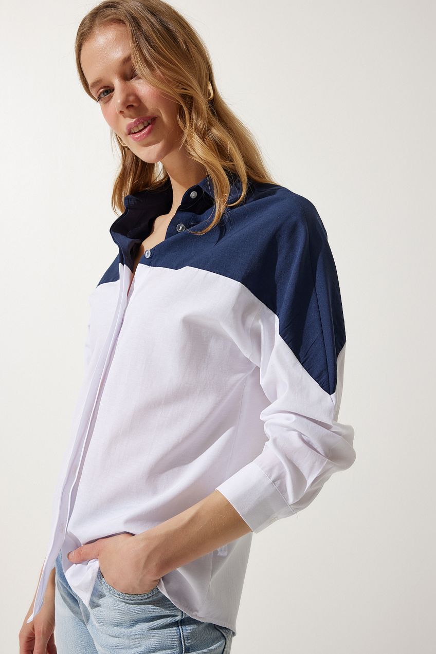 Happiness İstanbul Women's Navy Blue White Block Color Boyfriend Shirt
