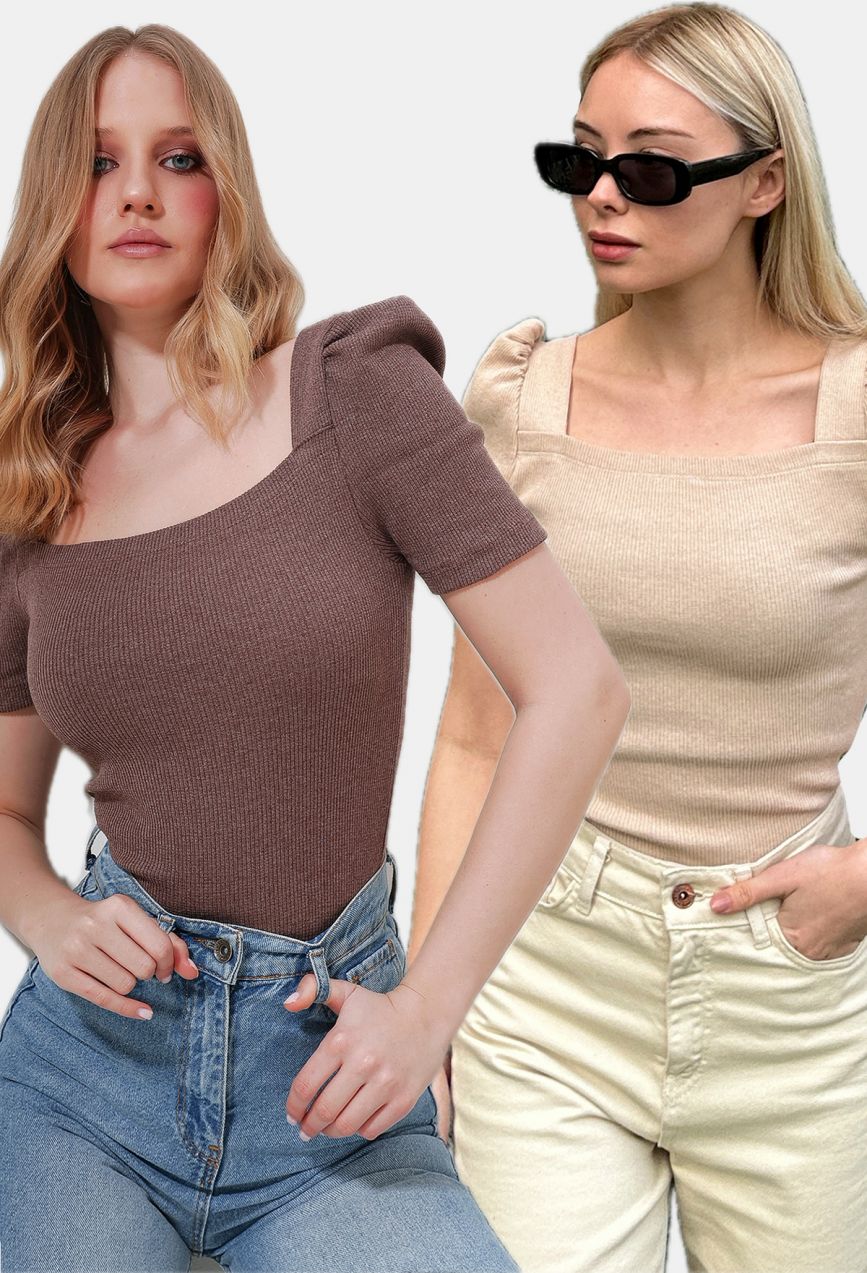 Trend Alaçatı Stili Women's Brown-Beige Square Collar 2-Pack Princess Sleeve Regular Fit Blouse