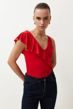 Trendyol Red Fitted Ruffle Detailed V-Neck Stretchy Knitted Bodysuit with Snap Fasteners