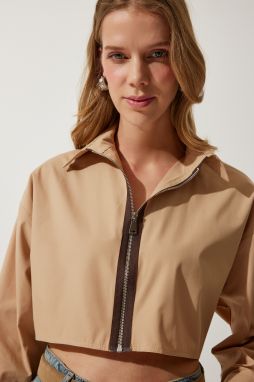 Happiness İstanbul Women's Sand Zipper Poplin Crop Shirt