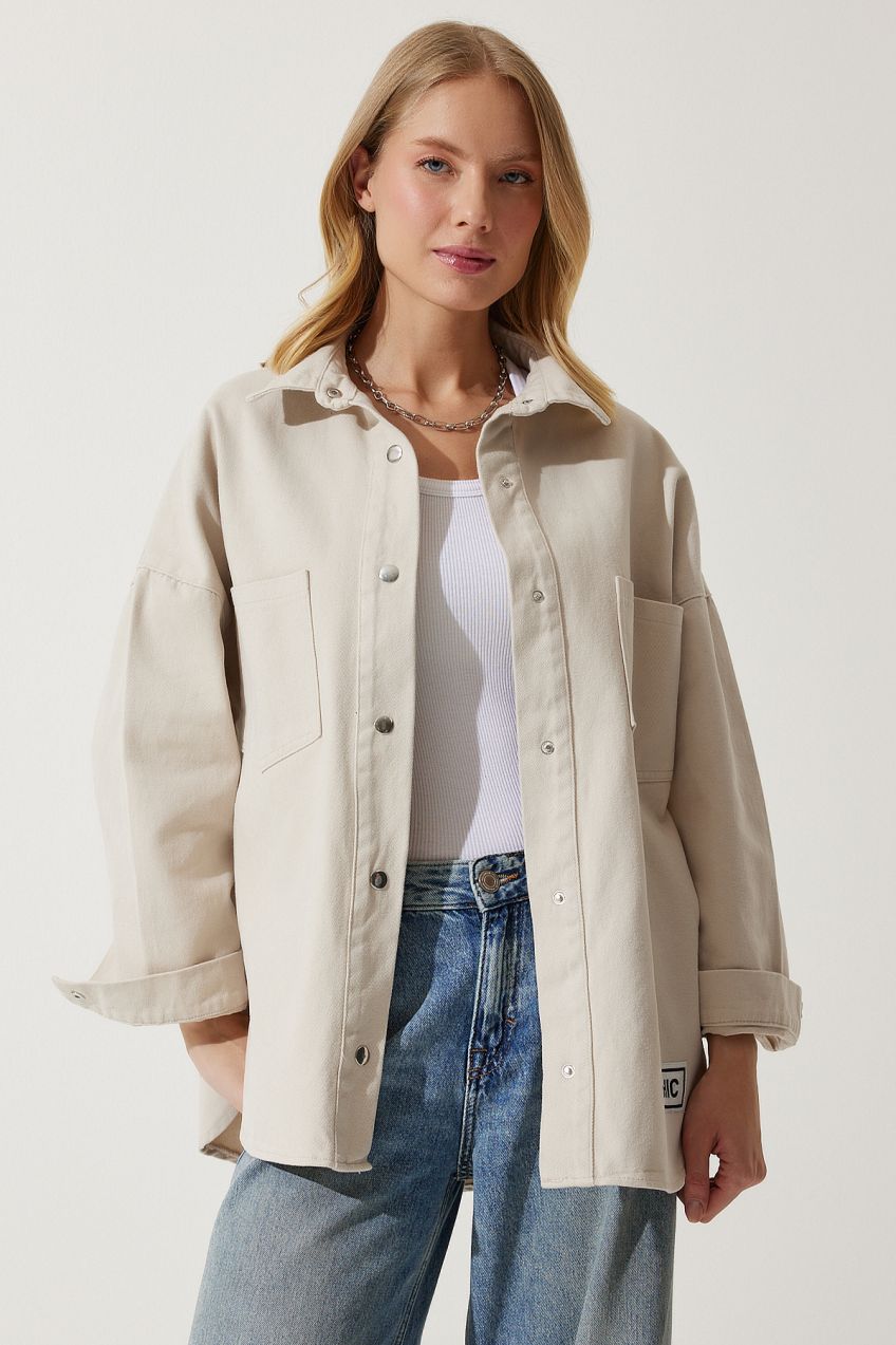 Happiness İstanbul Women's Cream Oversize Gabardine Jacket with Pockets