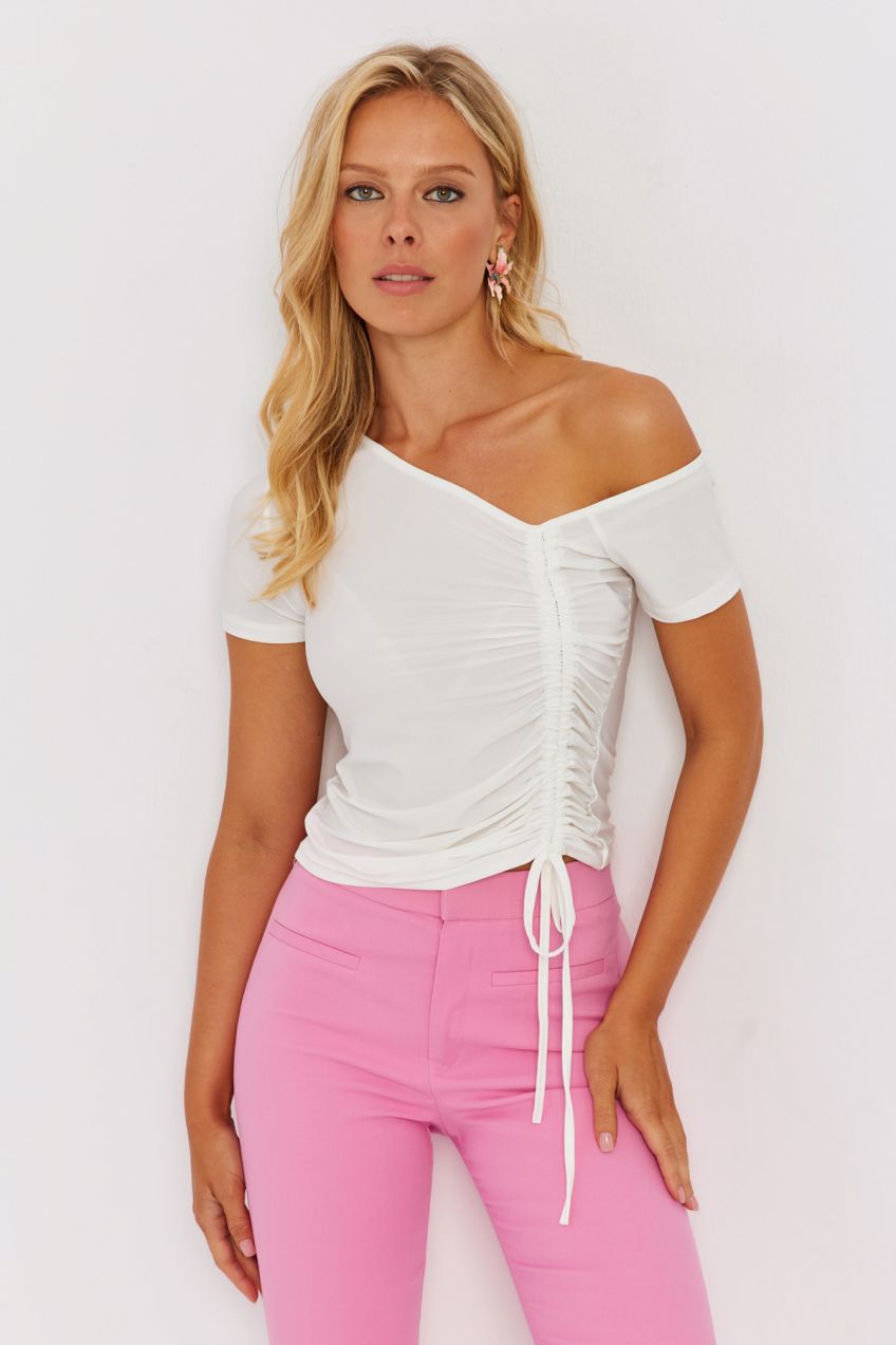 Cool & Sexy Women's White Asymmetrical Collar Elevator Blouse GO162