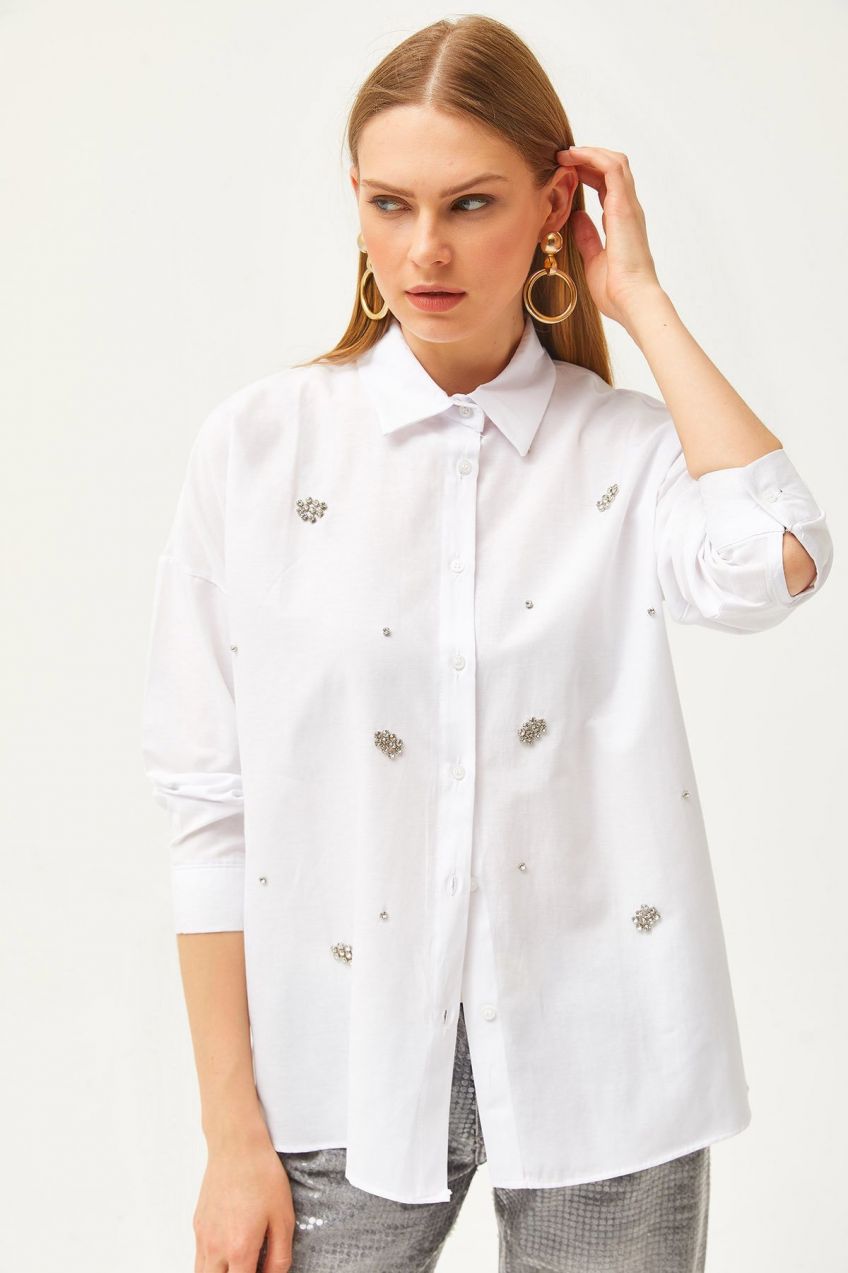Olalook Women's White Stone Detailed Woven Shirt