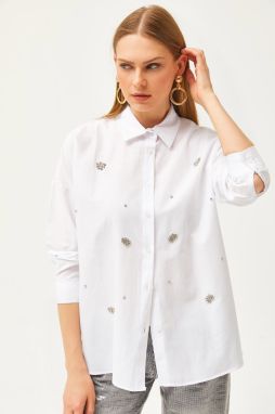 Olalook Women's White Stone Detailed Woven Shirt