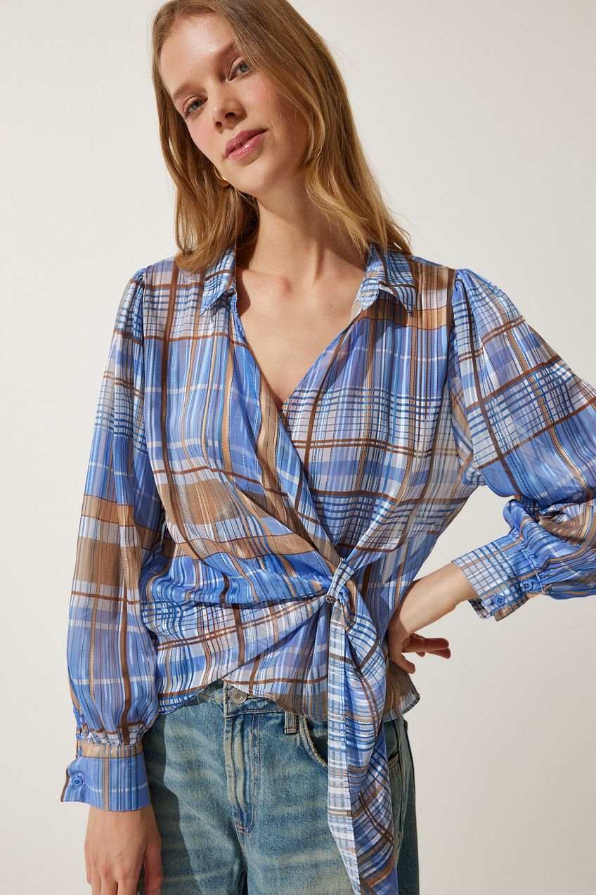 Happiness İstanbul Women's Blue Glitter Thread Checkered Shirt