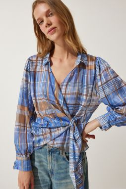 Happiness İstanbul Women's Blue Glitter Thread Checkered Shirt