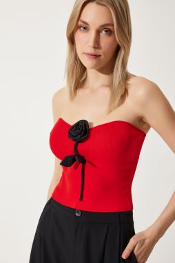 Happiness İstanbul Women's Red Rose Detailed Strapless Blouse