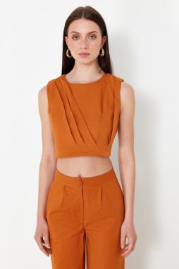 Trendyol Light Brown Crew Neck Crop Woven Blouse
