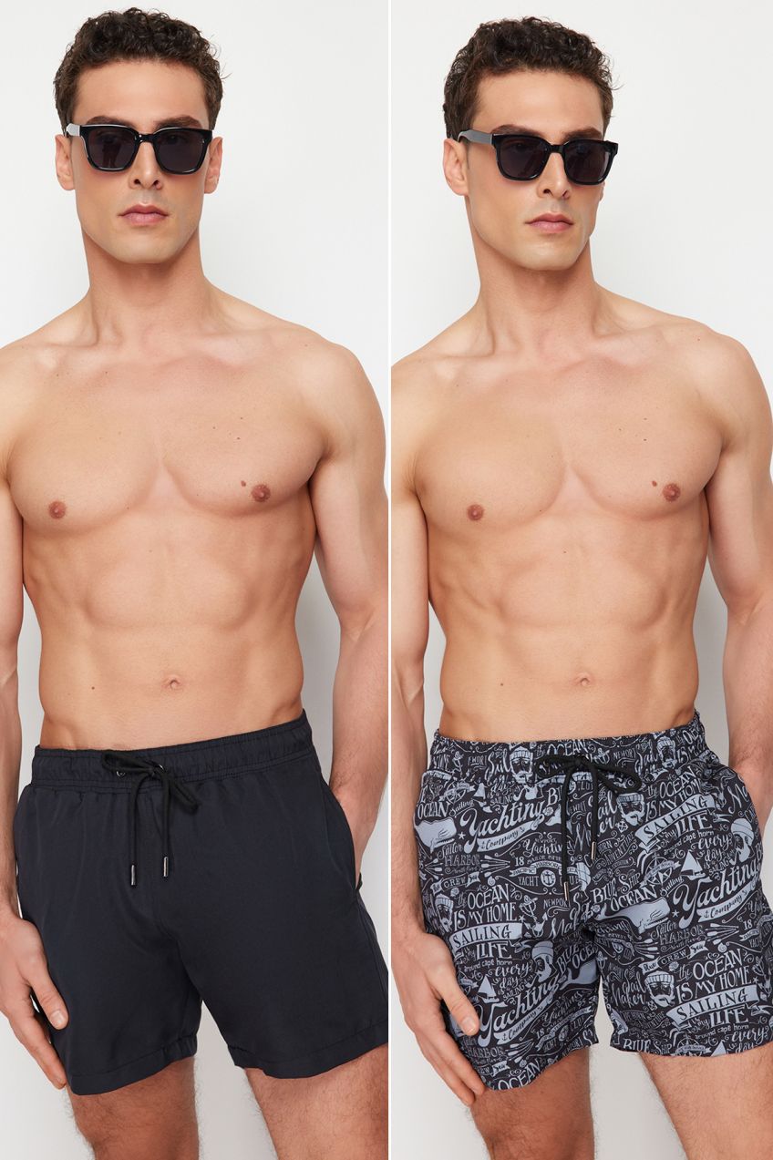 Trendyol Printed-Plain 2-Piece Set Swim Shorts