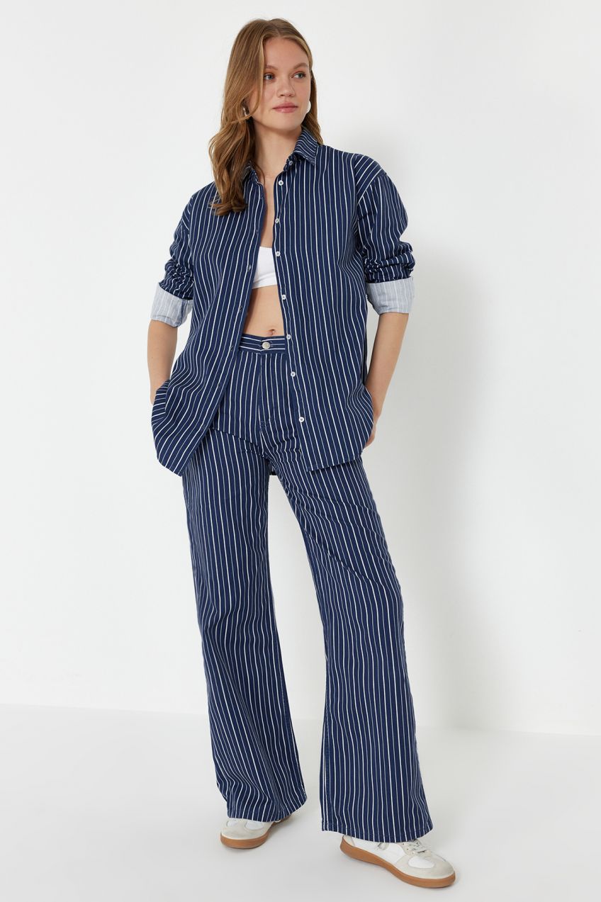 Trendyol Blue Striped Denim Shirt Jacket