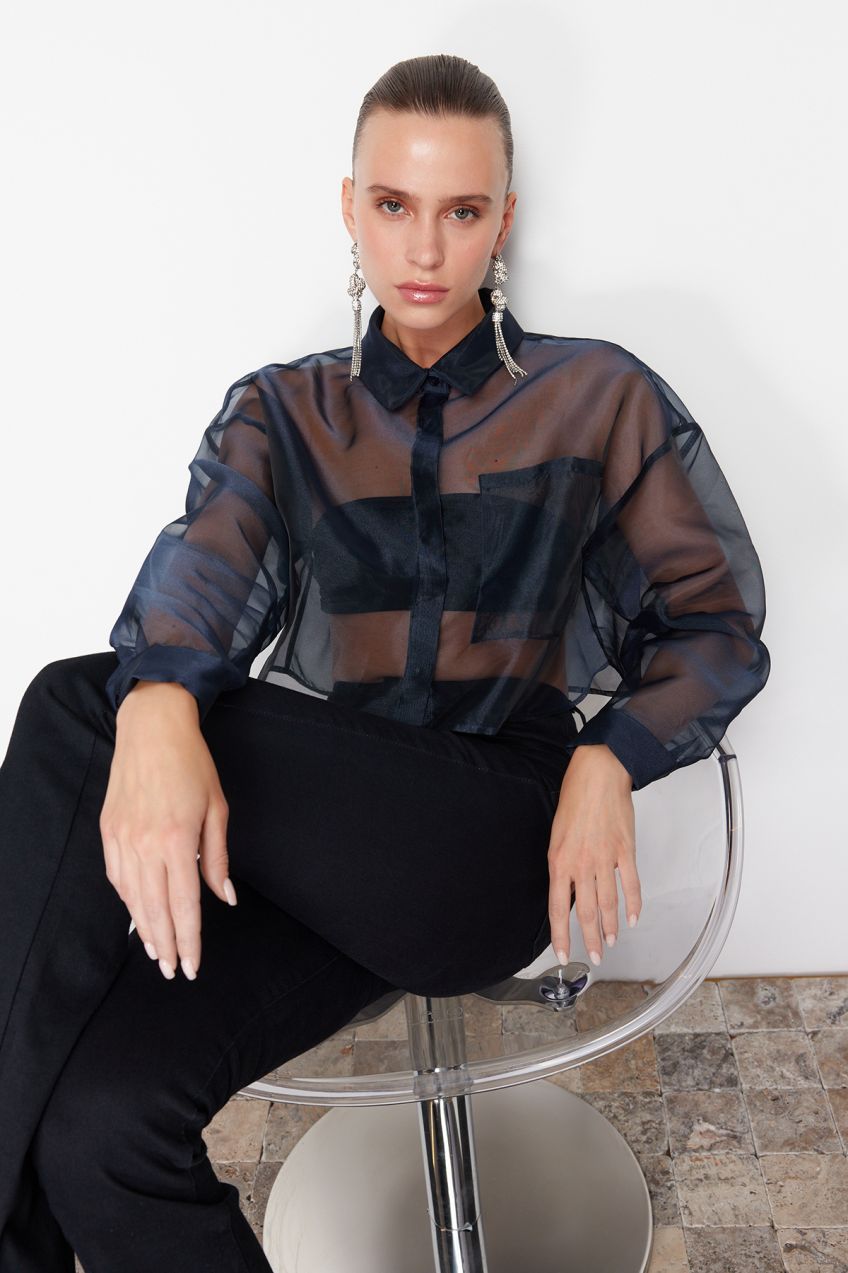 Trendyol Navy Blue Crop Transparent Woven Organza Shirt