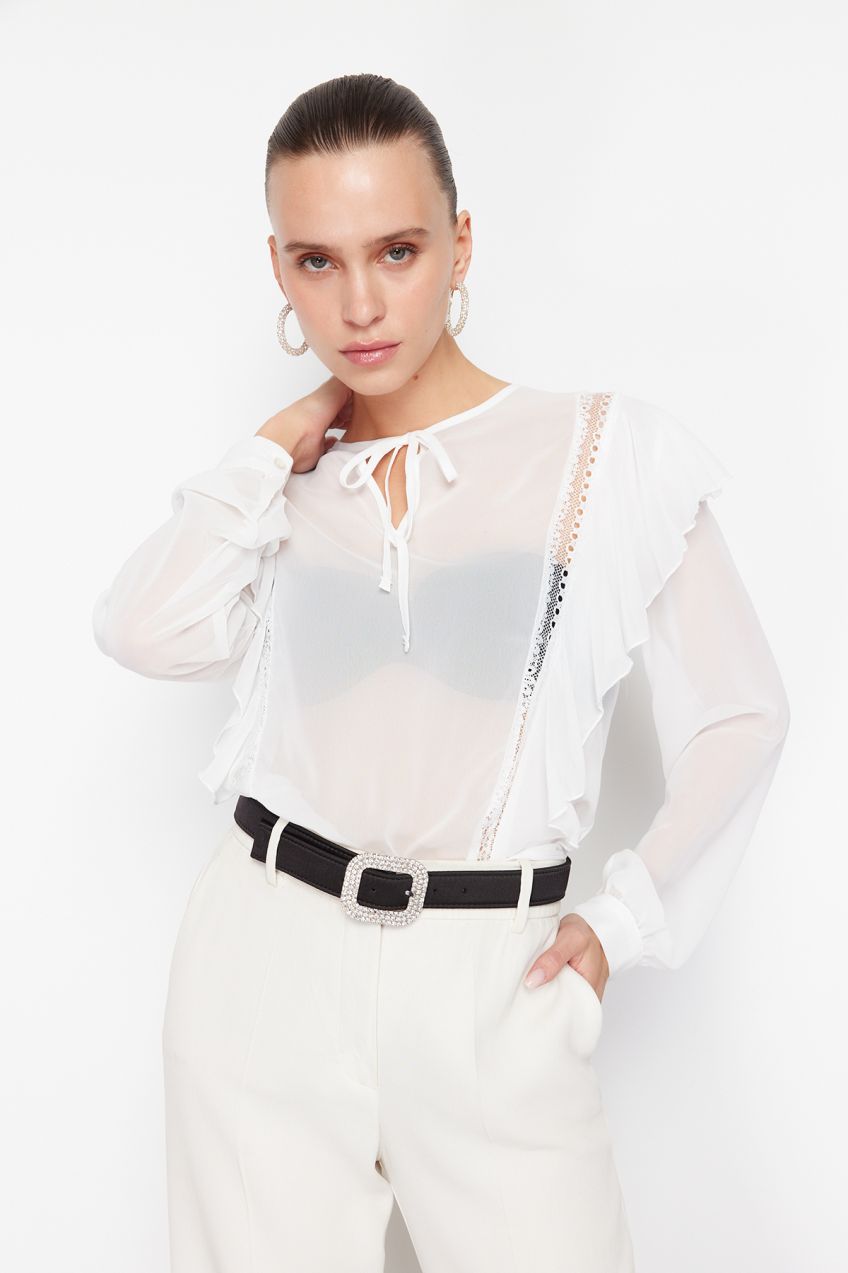 Trendyol Ecru Flounce Lace Detailed Woven Chiffon Blouse