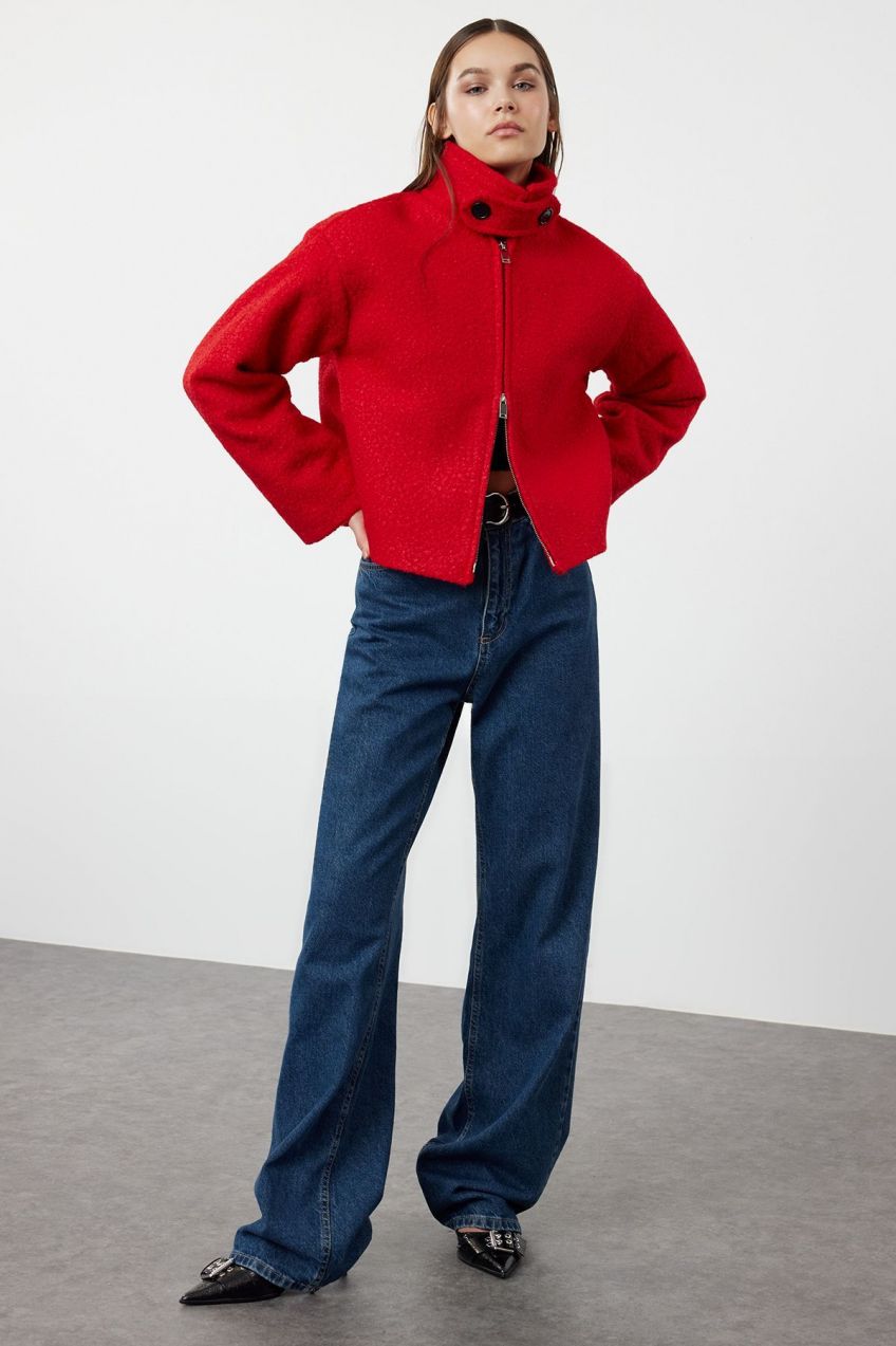 Trendyol Red Regular Mold Collar Detail Boucle Thin Jacket Coat