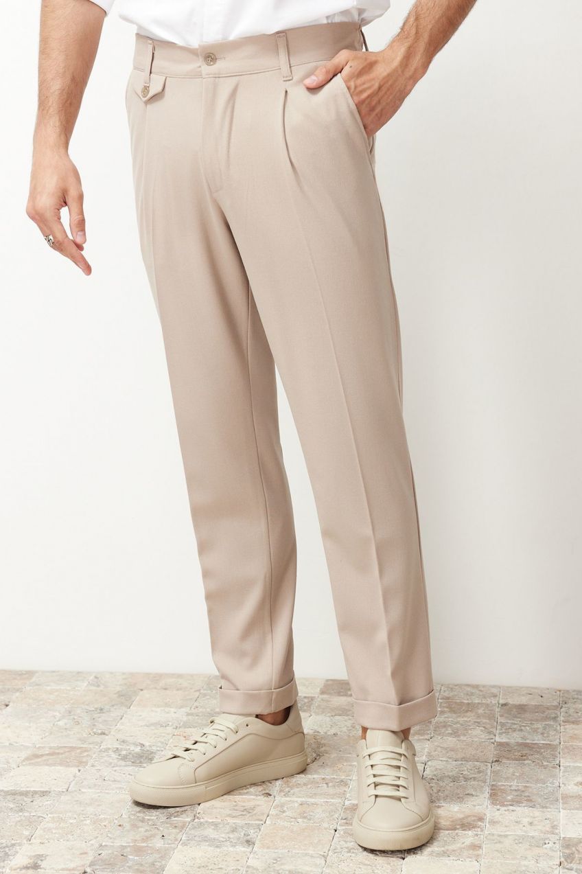 Trendyol Beige Italian Cut Pleated Fabric Trousers