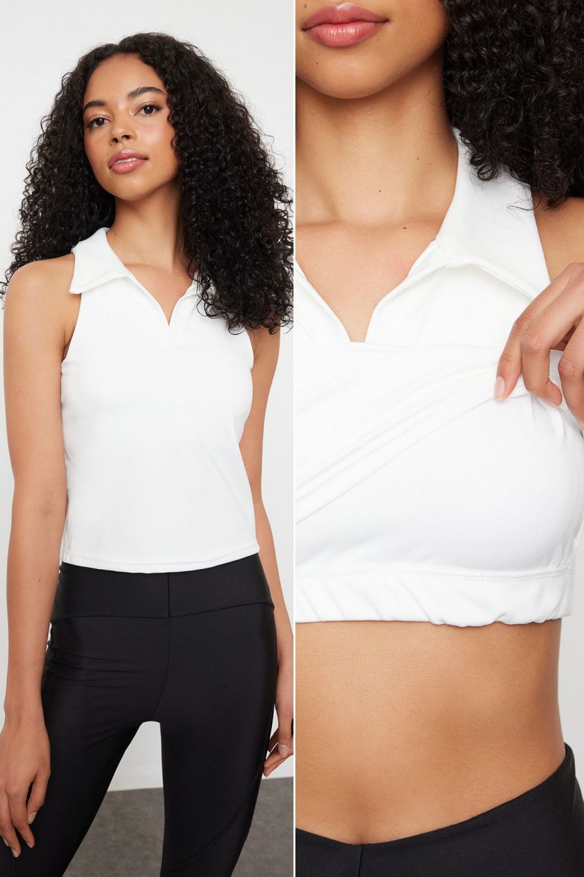 Trendyol White 2 Layer Padded Sports Bra Polo Neck Knitted Sports Top/Blouse