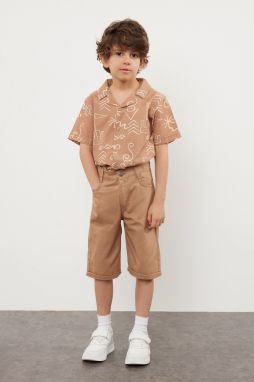 Trendyol Brick Boy Patterned Shirt-Shorts Woven Bottom-Top Set
