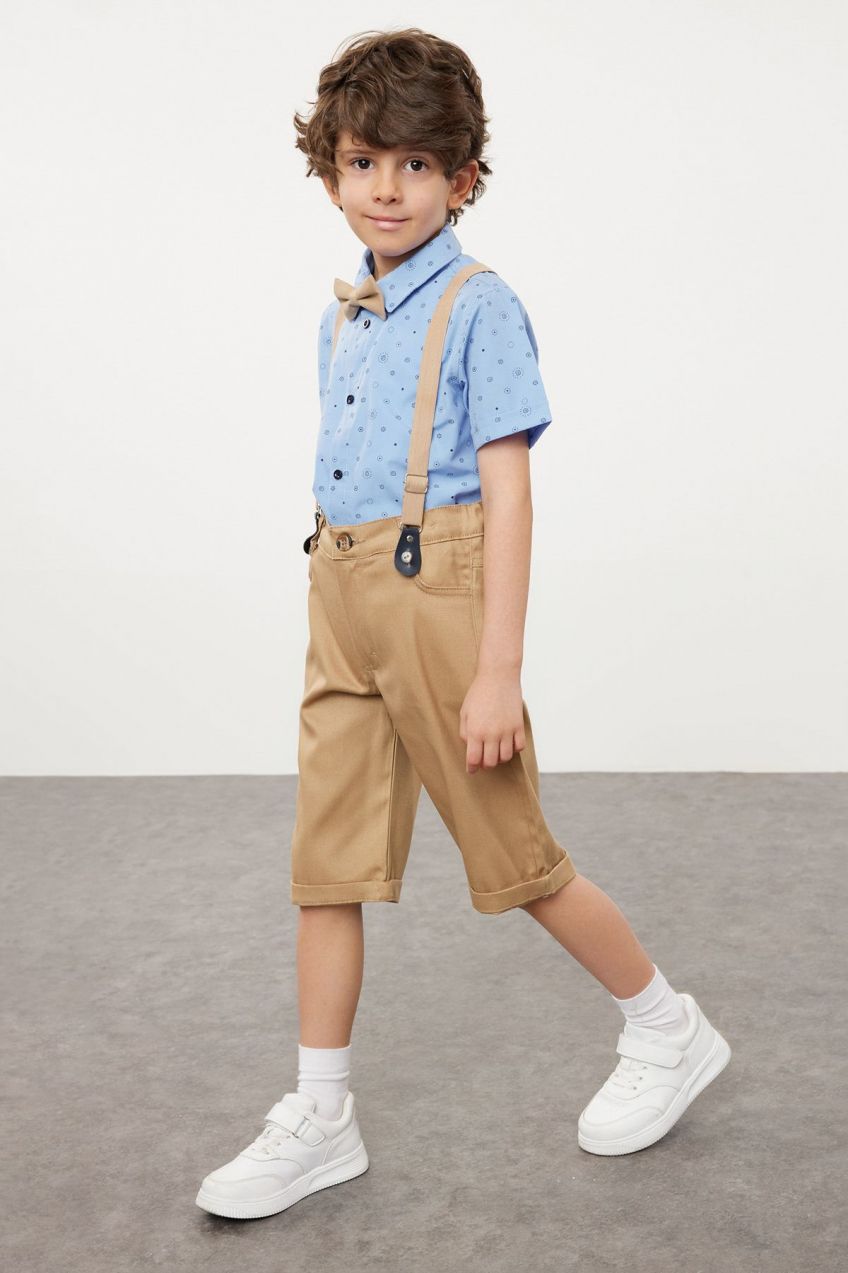 Trendyol Blue Boy Bow Tie Shirt Shorts Trousers Suspender Set Bottom-Top Set