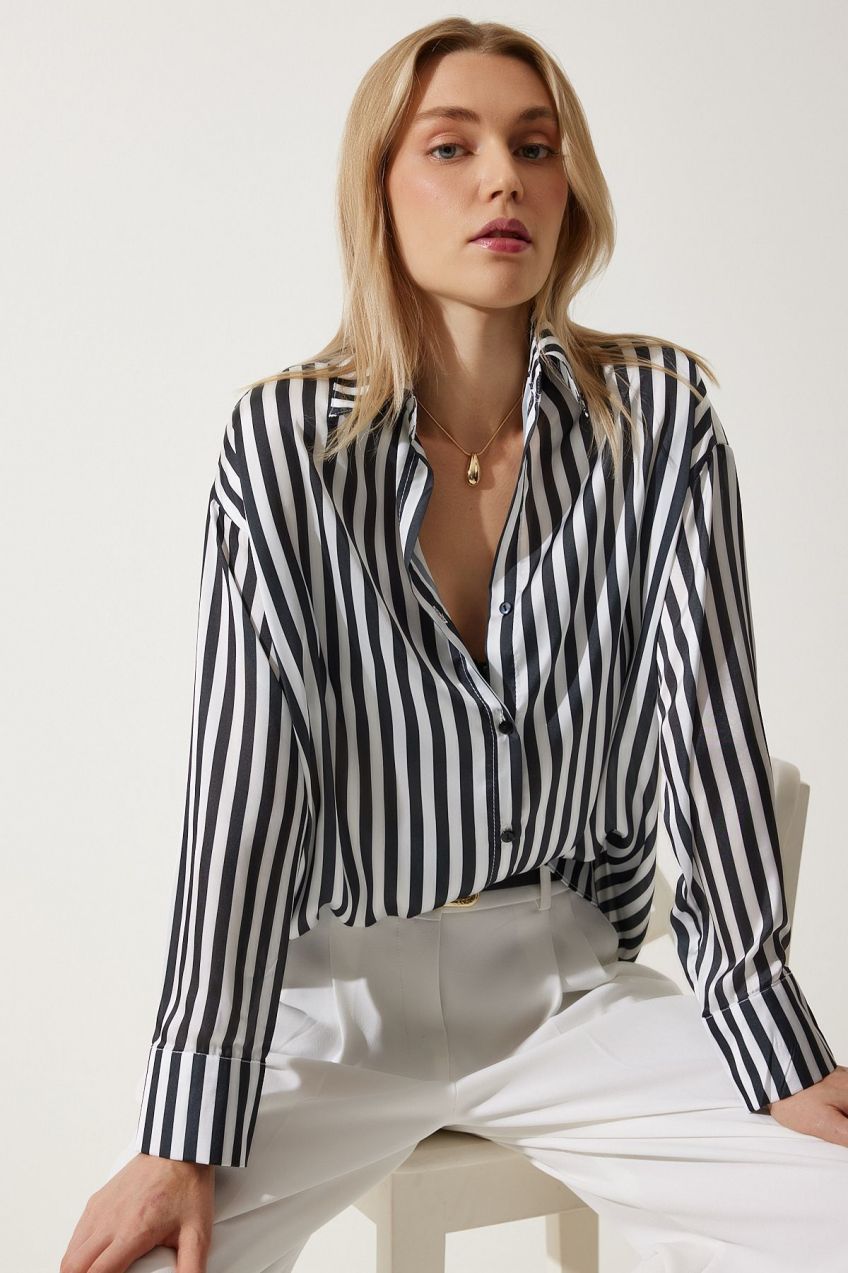 Happiness İstanbul Women's Black and White Striped Flowy Satin Look Shirt