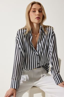 Happiness İstanbul Women's Black and White Striped Flowy Satin Look Shirt