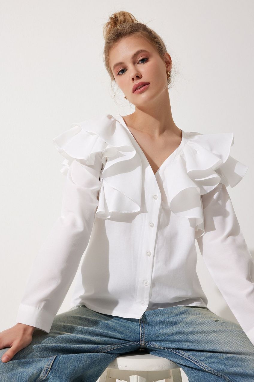 Happiness İstanbul Women's White Ruffle V-Neck Cotton Design Shirt