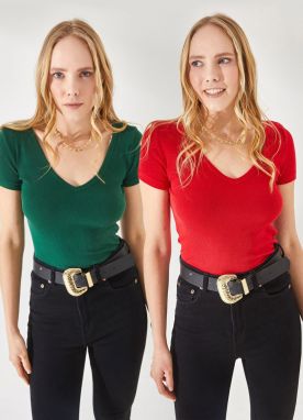 Olalook Women's Emerald-Red V-Neck Short Sleeve 2-Pack Suit Blouse