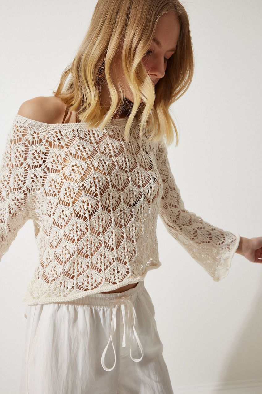 Happiness İstanbul Women's Cream Openwork Crop Knitwear Blouse