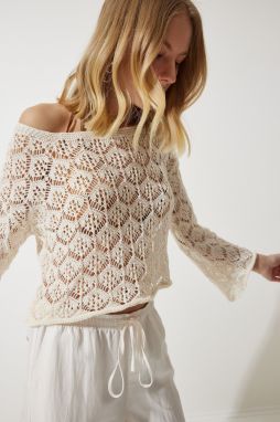 Happiness İstanbul Women's Cream Openwork Crop Knitwear Blouse
