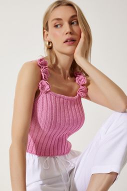 Happiness İstanbul Women's Pink Floral Strappy Crop Knitwear Blouse