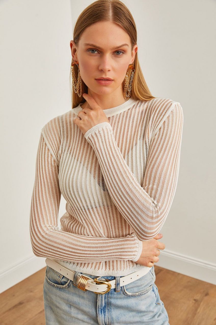 Olalook Women's White Openwork Transparent Seasonal Knitwear Blouse