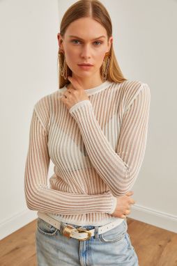 Olalook Women's White Openwork Transparent Seasonal Knitwear Blouse