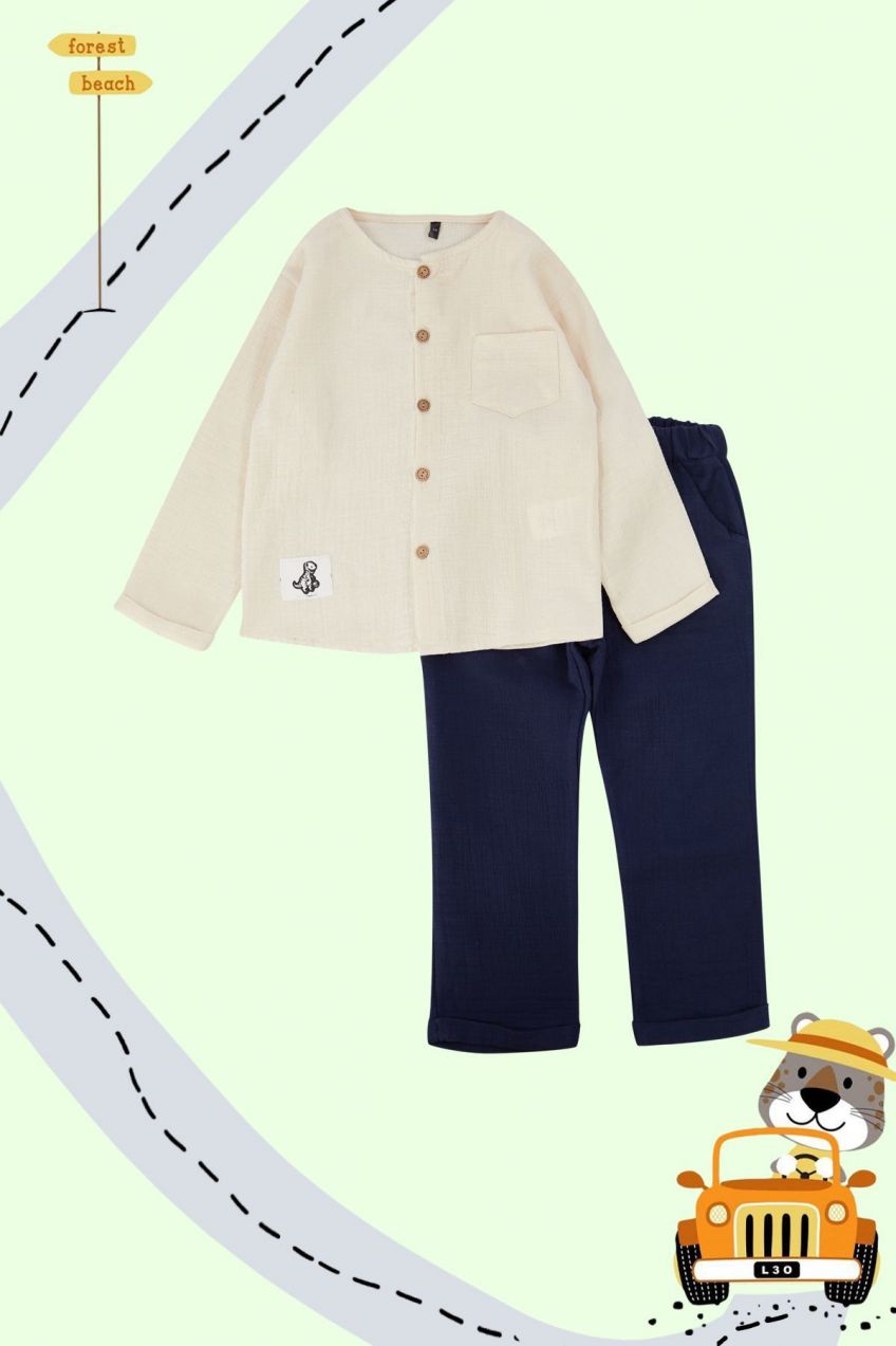 Trendyol Stone Boy Pocket Long Sleeve Shirt-Pants Set Knitted Bottom-Top Set