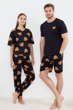 Trendyol Black Couple Regular Fit Teddy Bear Patterned Pajama Set with Shorts