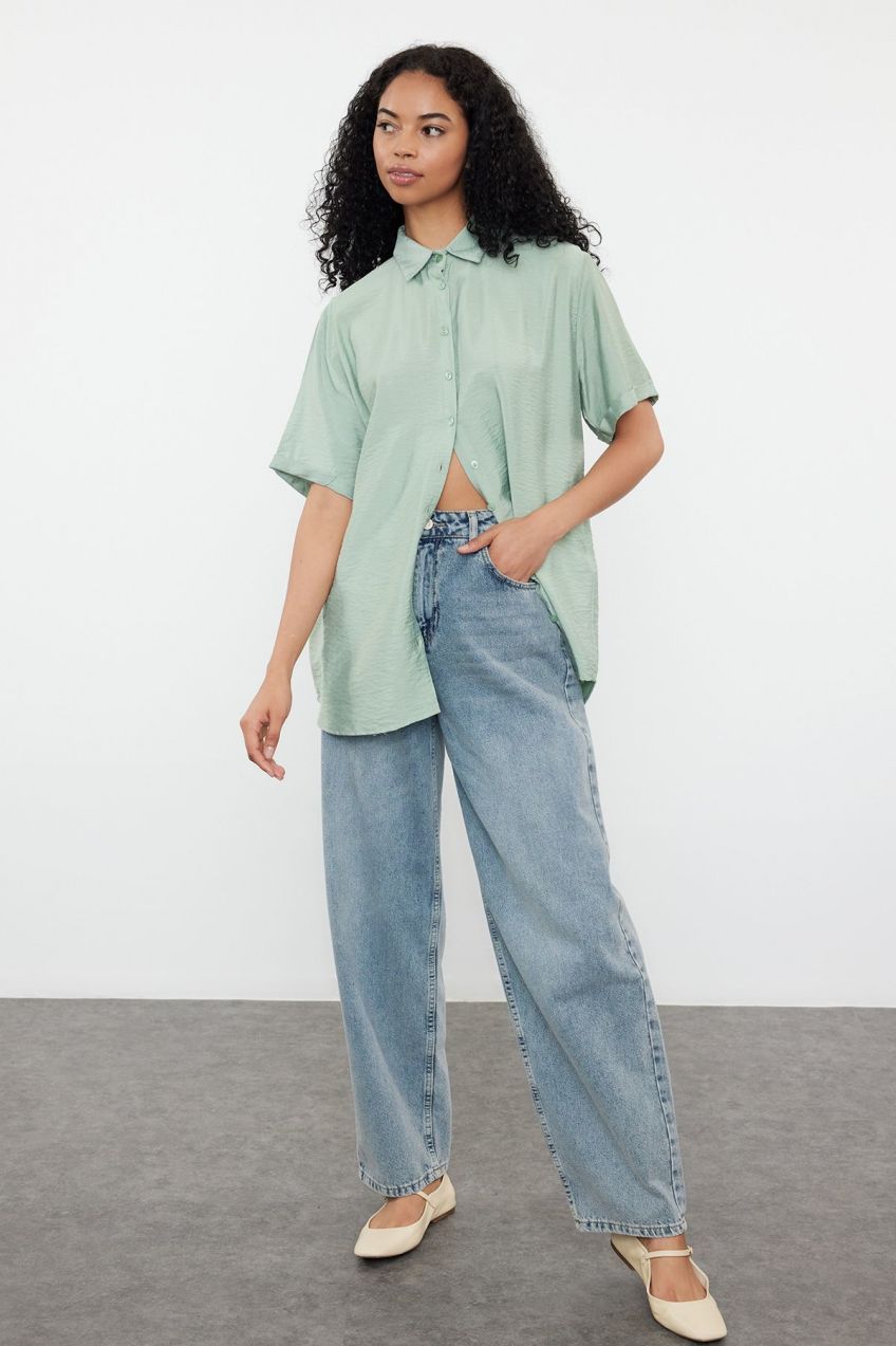 Trendyol Mint Pocket Oversize Wide Pattern Woven Shirt