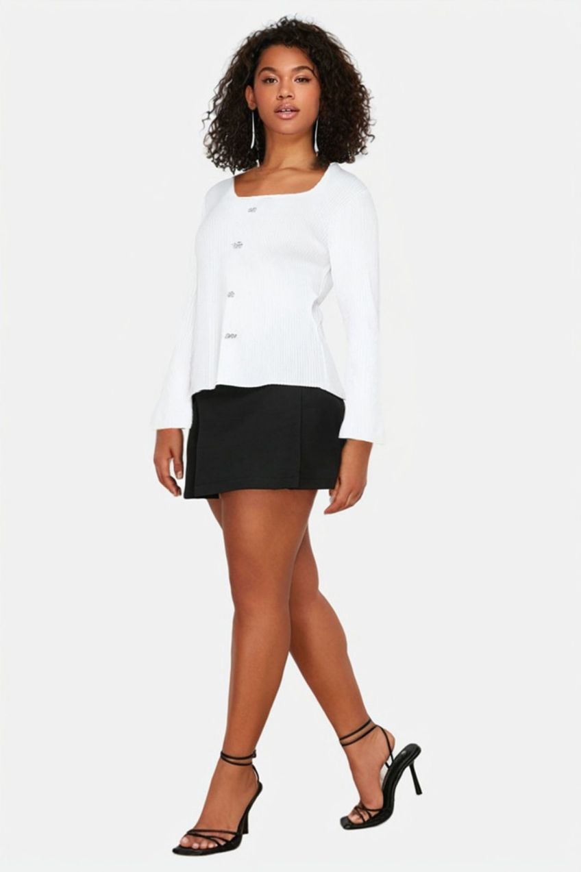 Trendyol Curve Ecru Square Collar Corded Buttoned Knitwear Blouse