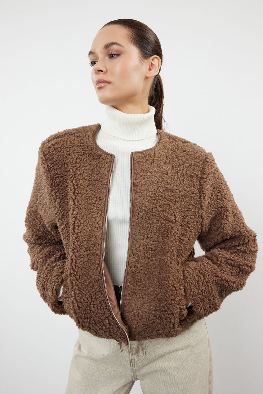 Trendyol Mink Regular Pattern Boucle Thin Jacket Coat