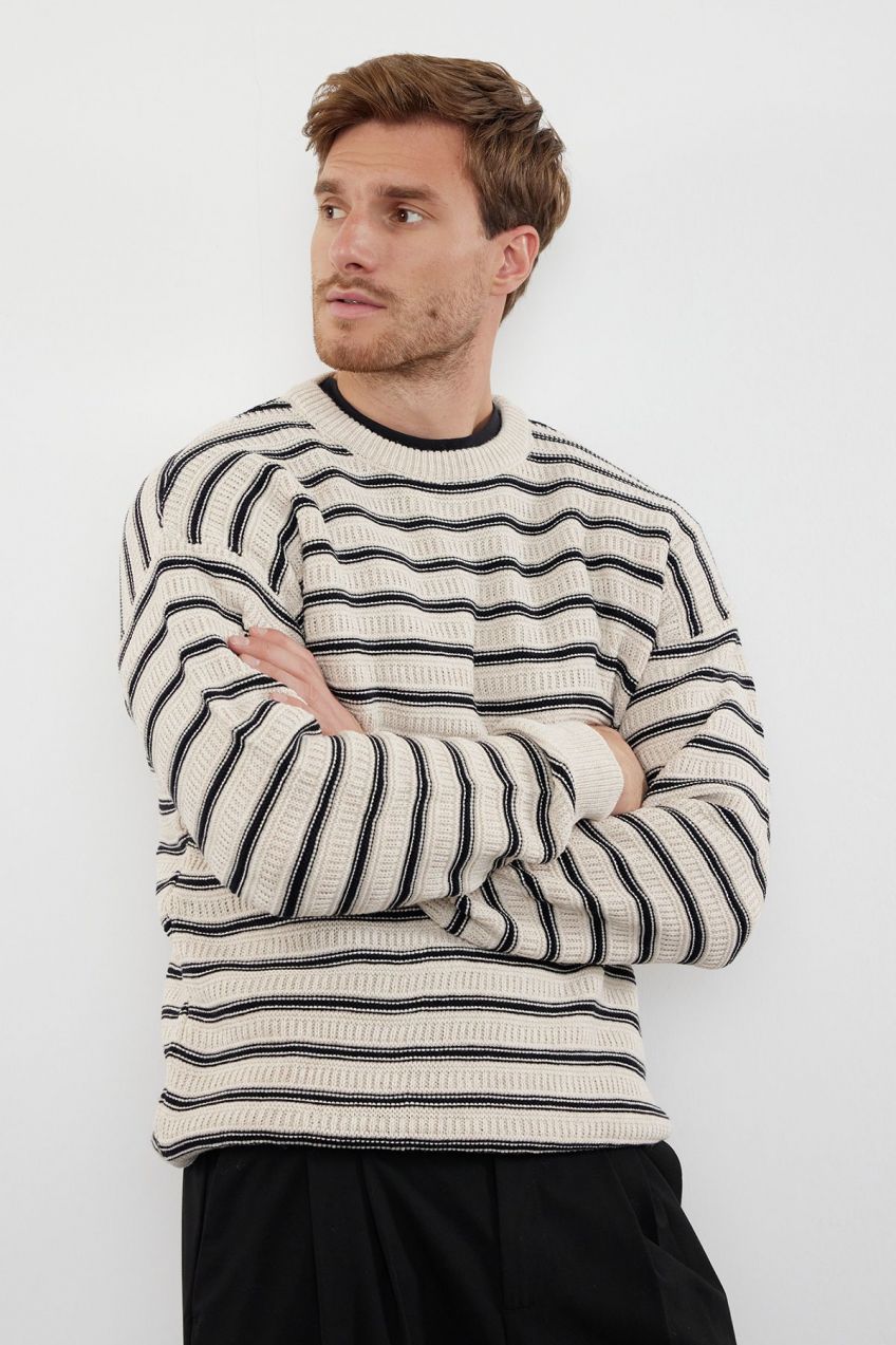 Trendyol Beige Unisex Crew Neck Striped Knitwear Sweater