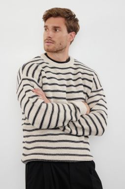 Trendyol Beige Unisex Crew Neck Striped Knitwear Sweater