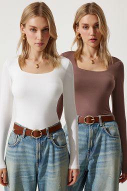 Happiness İstanbul Women's Brown White Square Collar Double Pack Knitted Blouse