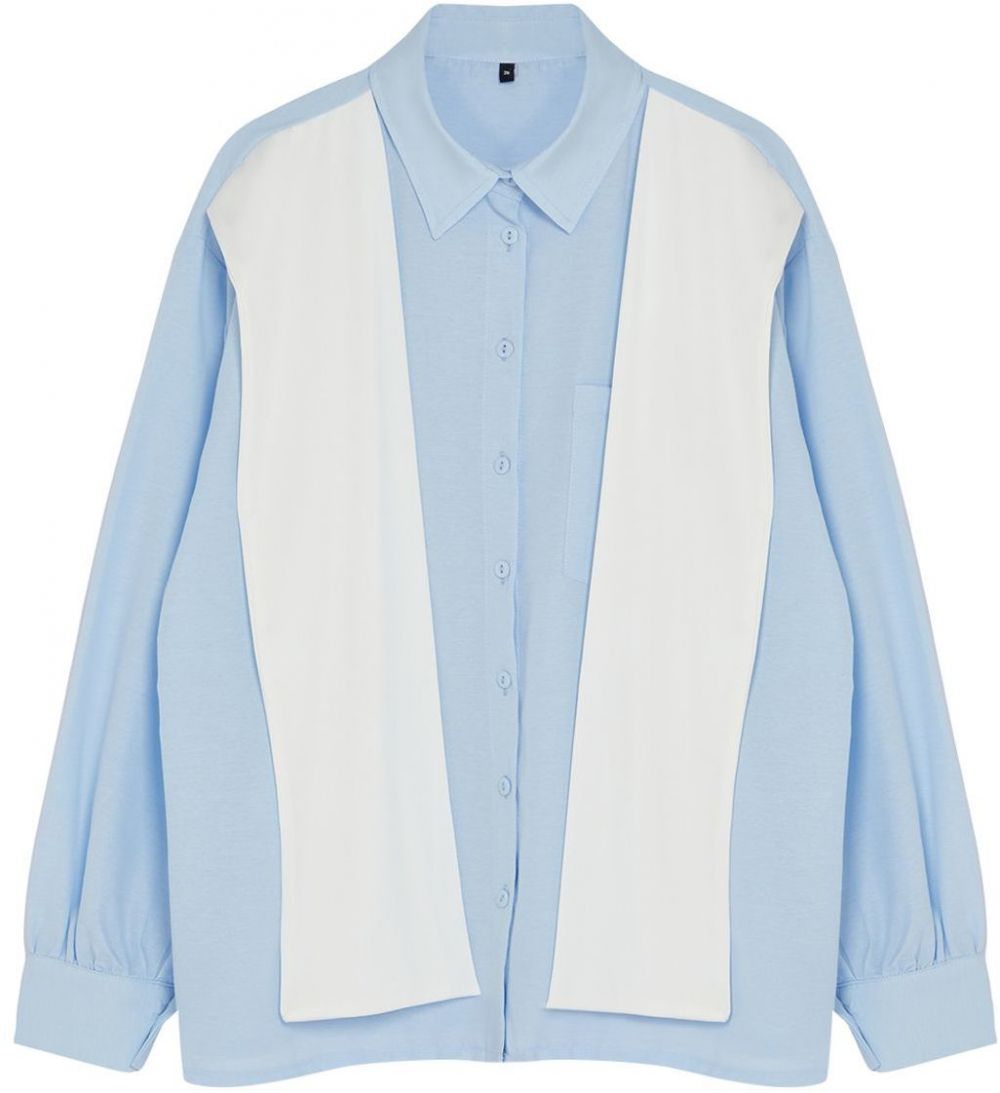 Trendyol Blue Front Knitwear Tie Detailed Ovesrzie Wide Fit Woven Shirt
