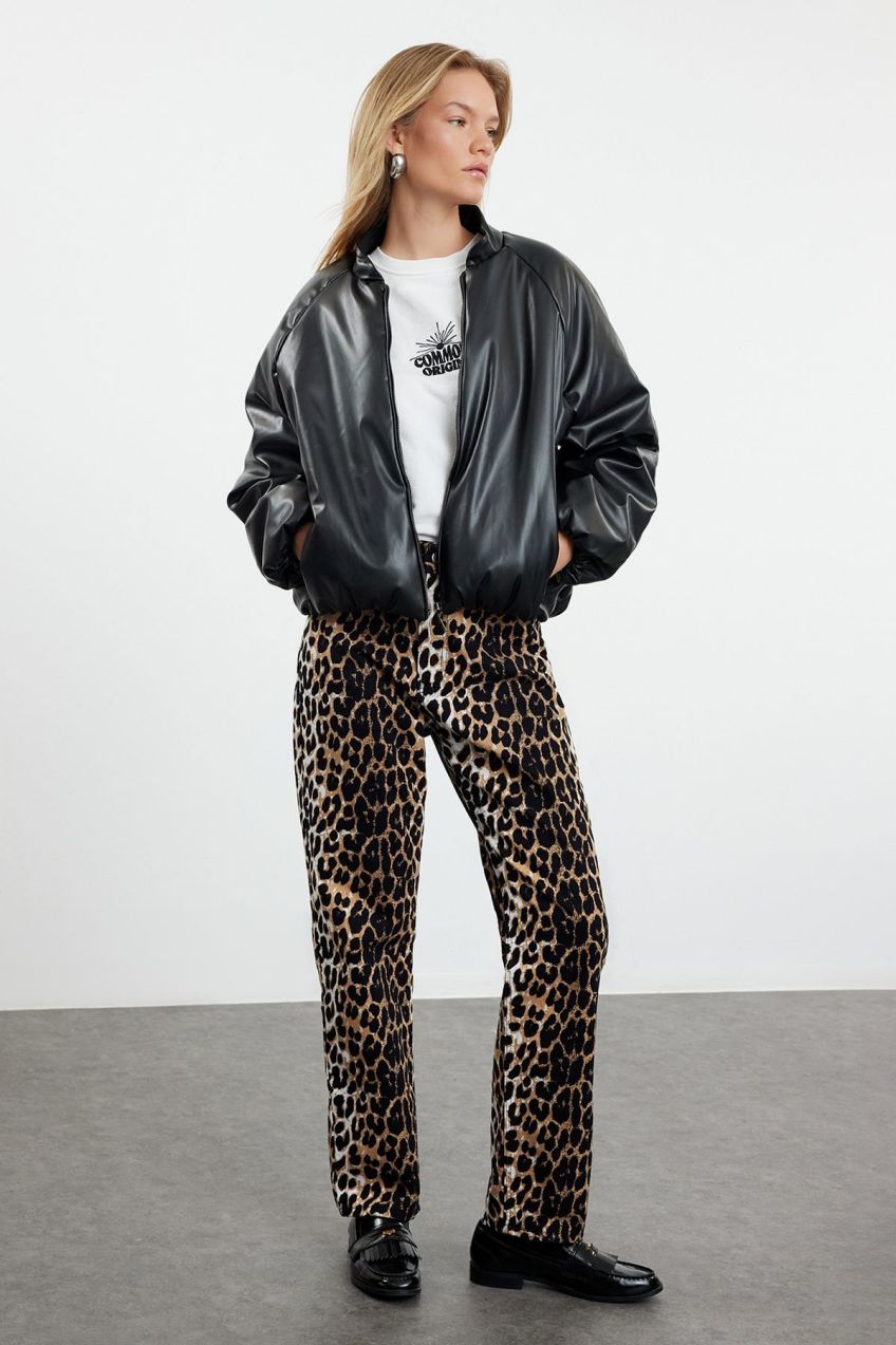 Trendyol Black Oversize Molded Faux Leather Quilted Puffer Jacket