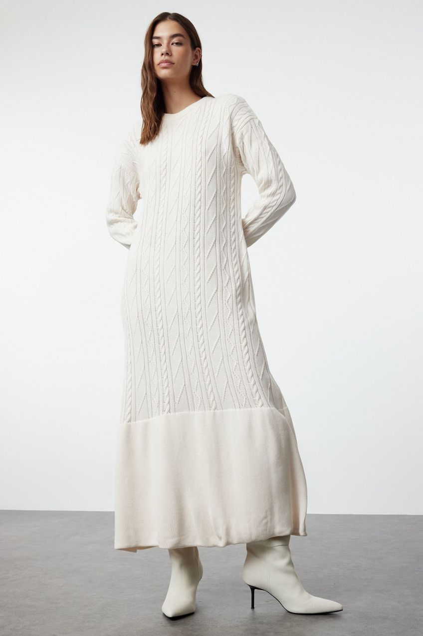 Trendyol Stone Braided Patterned Skirt Flounced Knitwear Dress