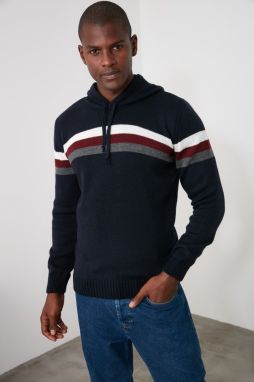 Trendyol Navy Blue Slim Hooded Striped Knitwear Sweatshirt