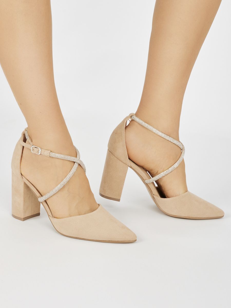 Shelvt Suede beige pumps with sequins