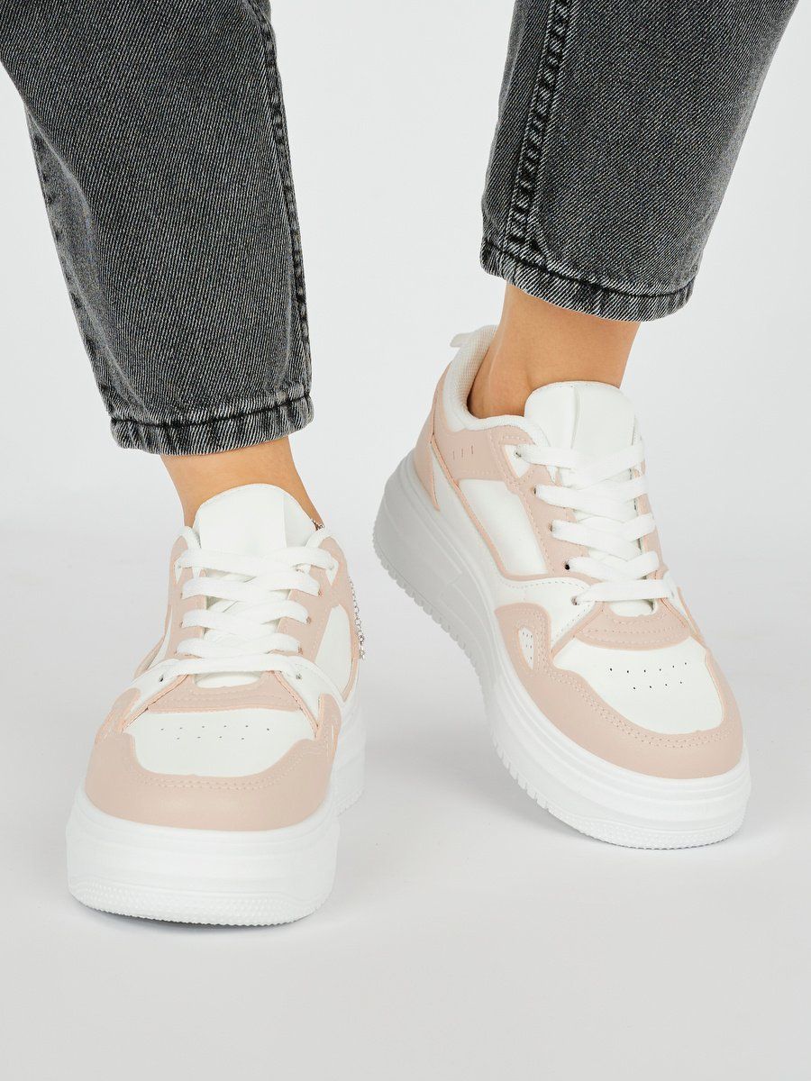 Shelvt White and pink women's platform trainers