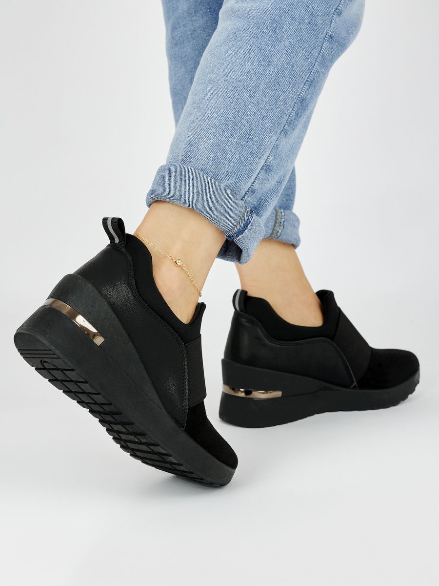 Shelvt Black women's wedge sneakers