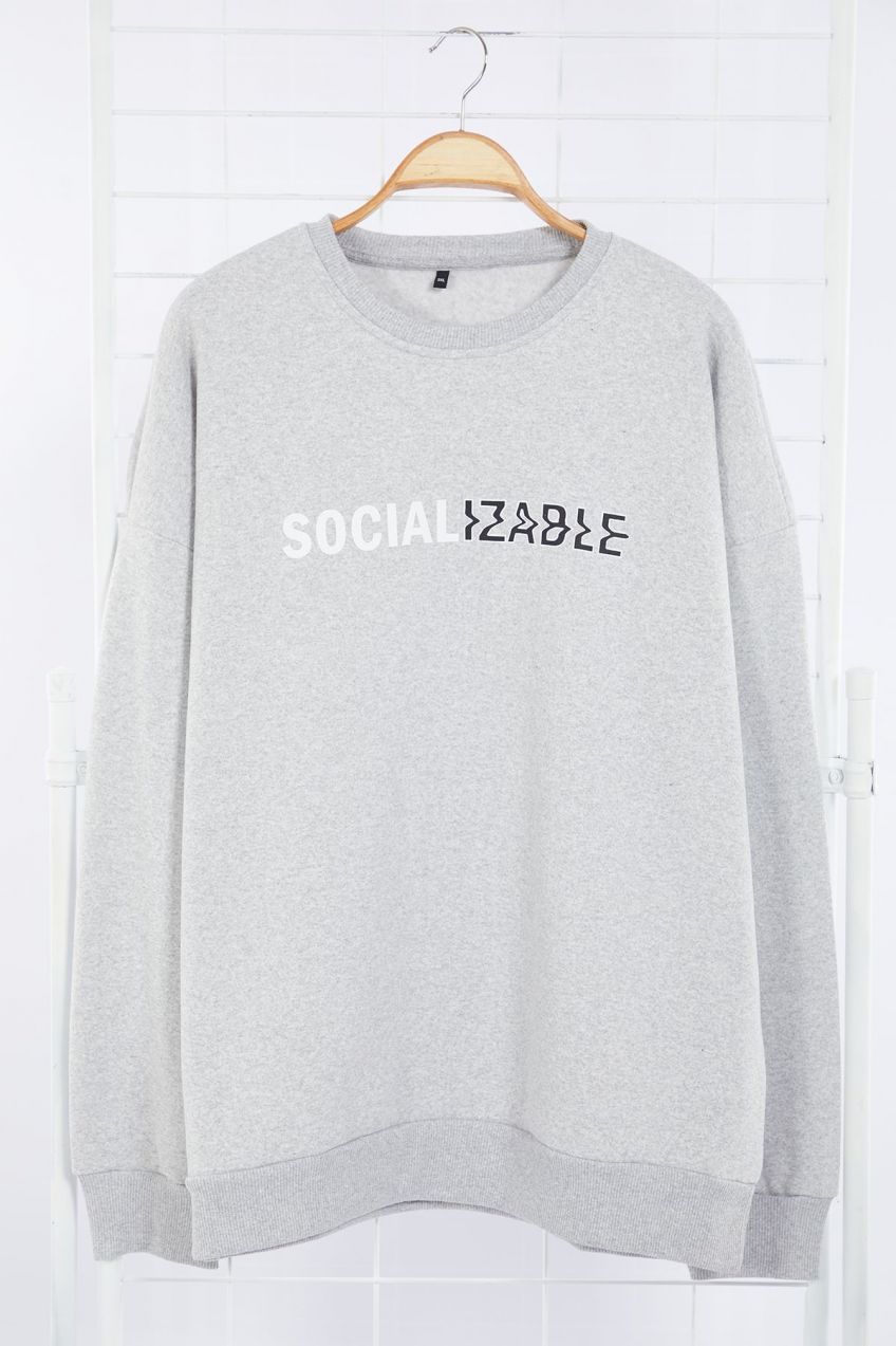 Trendyol Grey Oversize/Wide Cut Text Printed Plus Size Sweatshirt