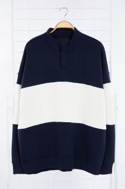 Trendyol Navy Blue Oversize/Wide Cut Stand Collar Color Block Fleece Inside Plus Size Sweatshirt